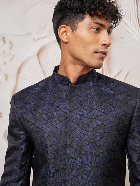 Men's Navy Blue Silk Blend Indowestern And Pant Set
